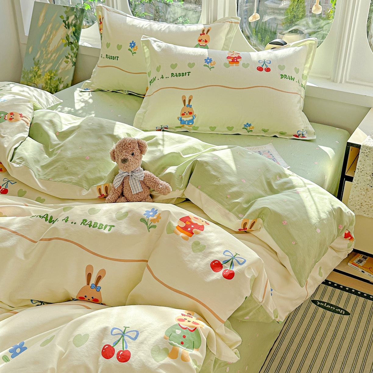 91家纺网 家纺一手货源 找家纺 恩泽家纺 2026春夏新款全棉纯棉12868印花四件套（提供买家秀，预留缩水率） 樱桃兔