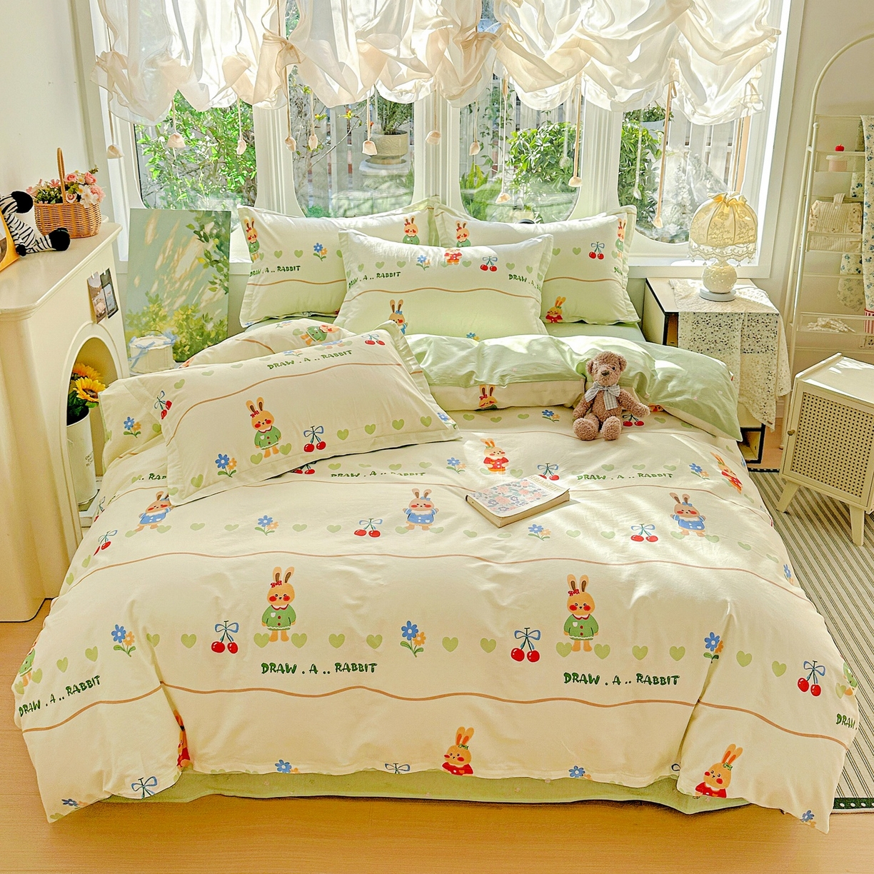 91家纺网 家纺一手货源 找家纺 恩泽家纺 2026春夏新款全棉纯棉12868印花四件套（提供买家秀，预留缩水率） 樱桃兔