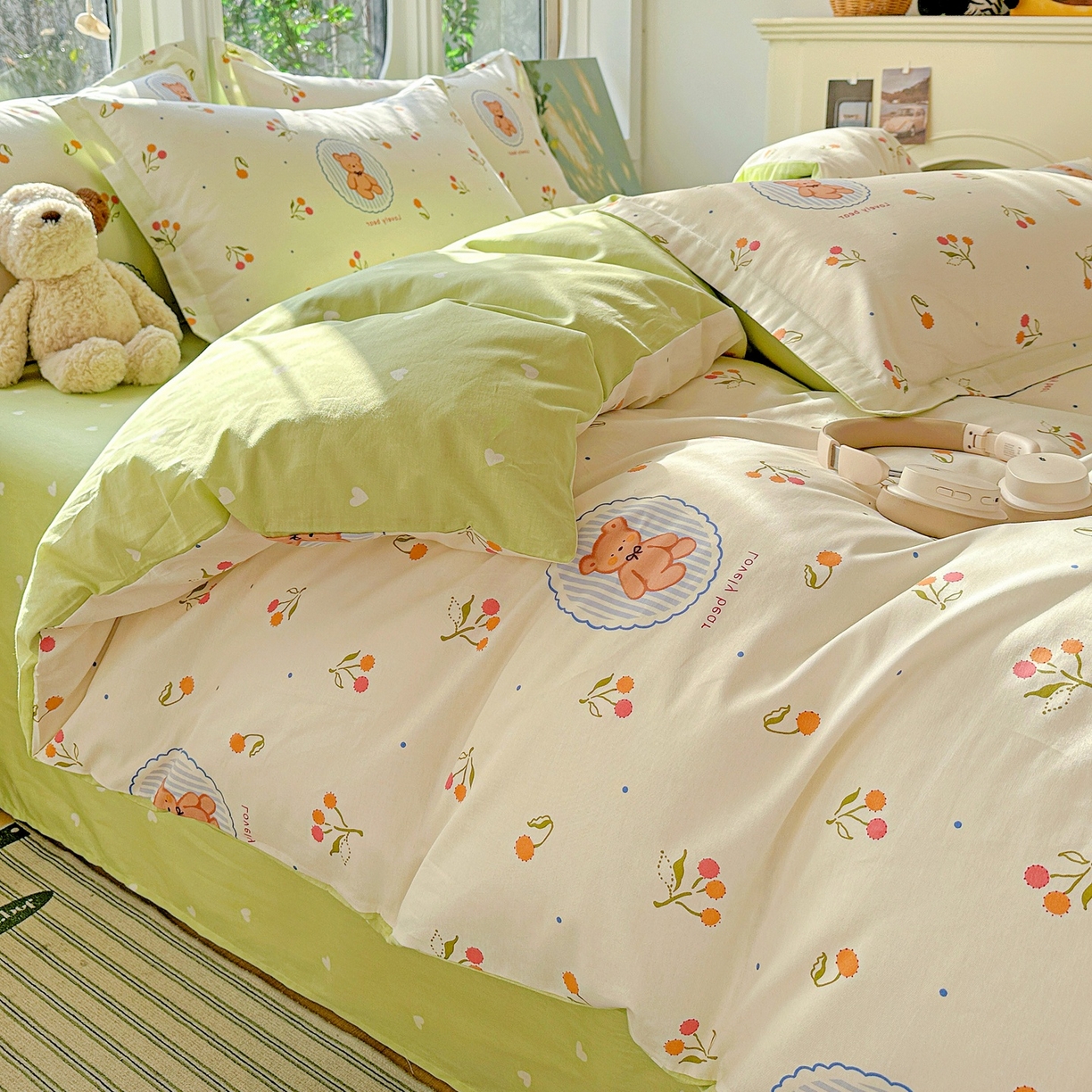 91家纺网 家纺一手货源 找家纺 恩泽家纺 2026春夏新款全棉纯棉12868印花四件套（提供买家秀，预留缩水率） 樱桃小熊