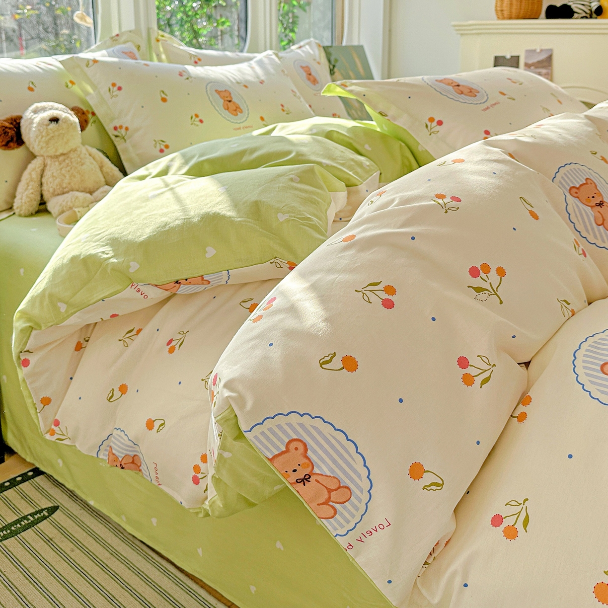 91家纺网 家纺一手货源 找家纺 恩泽家纺 2026春夏新款全棉纯棉12868印花四件套（提供买家秀，预留缩水率） 樱桃小熊