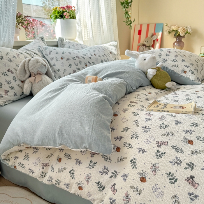 91家纺网 家纺一手货源 找家纺 丽美人家纺 2026新款A类皱皱纱双层印花四件套 紫雾叶兔