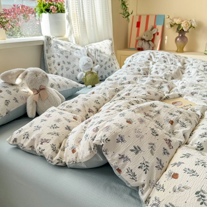 91家纺网 家纺一手货源 找家纺 丽美人家纺 2026新款A类皱皱纱双层印花四件套 紫雾叶兔