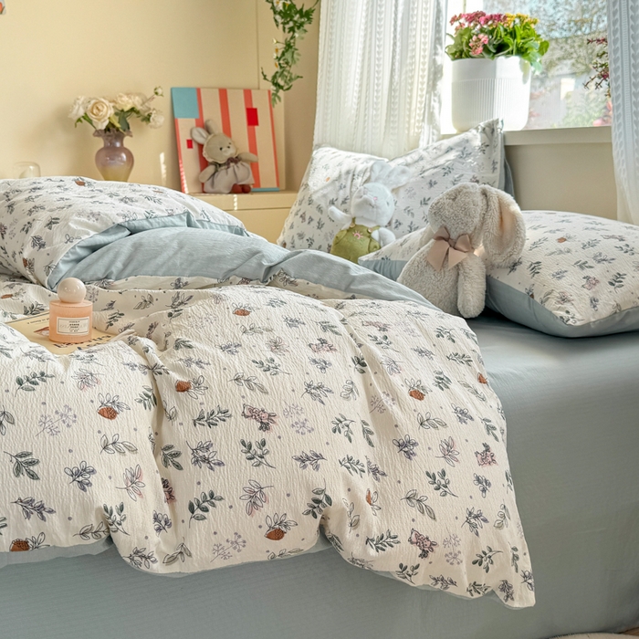 91家纺网 家纺一手货源 找家纺 丽美人家纺 2026新款A类皱皱纱双层印花四件套 紫雾叶兔