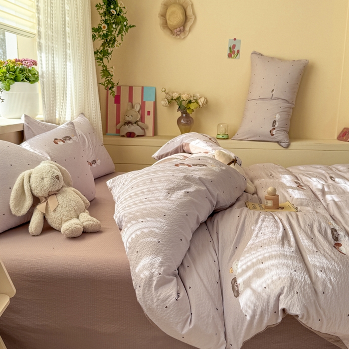 91家纺网 家纺一手货源 找家纺 丽美人家纺 2026新款A类皱皱纱双层印花四件套 爱心小狗