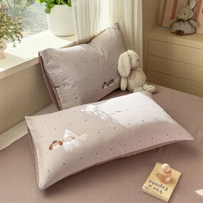 91家纺网 家纺一手货源 找家纺 丽美人家纺 2026新款A类皱皱纱双层印花四件套 爱心小狗