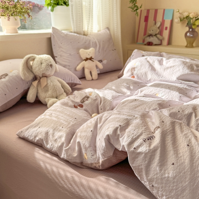 91家纺网 家纺一手货源 找家纺 丽美人家纺 2026新款A类皱皱纱双层印花四件套 爱心小狗