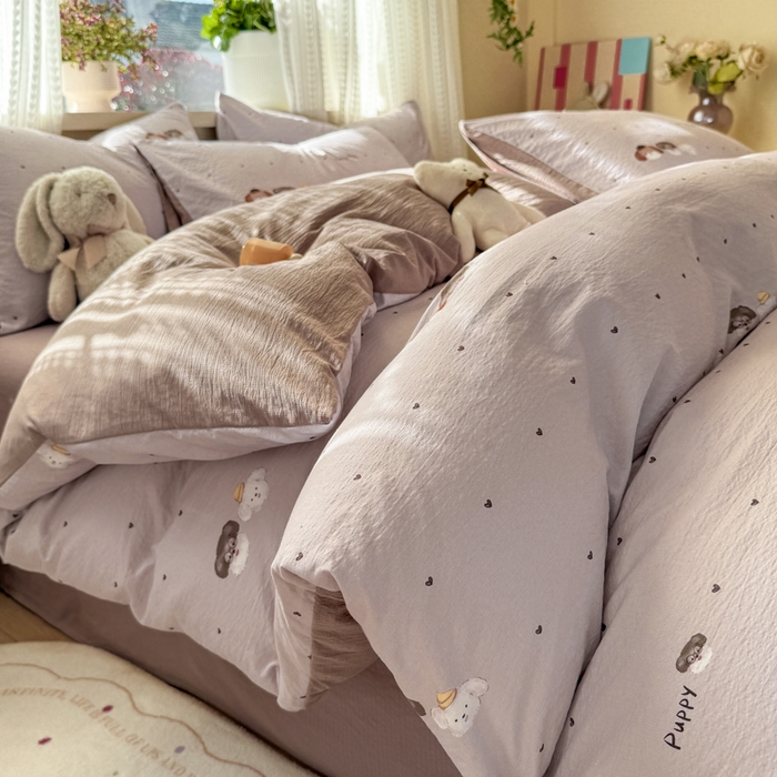 91家纺网 家纺一手货源 找家纺 丽美人家纺 2026新款A类皱皱纱双层印花四件套 爱心小狗