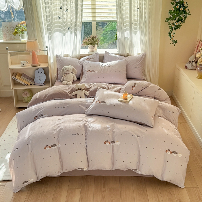 91家纺网 家纺一手货源 找家纺 丽美人家纺 2026新款A类皱皱纱双层印花四件套 爱心小狗