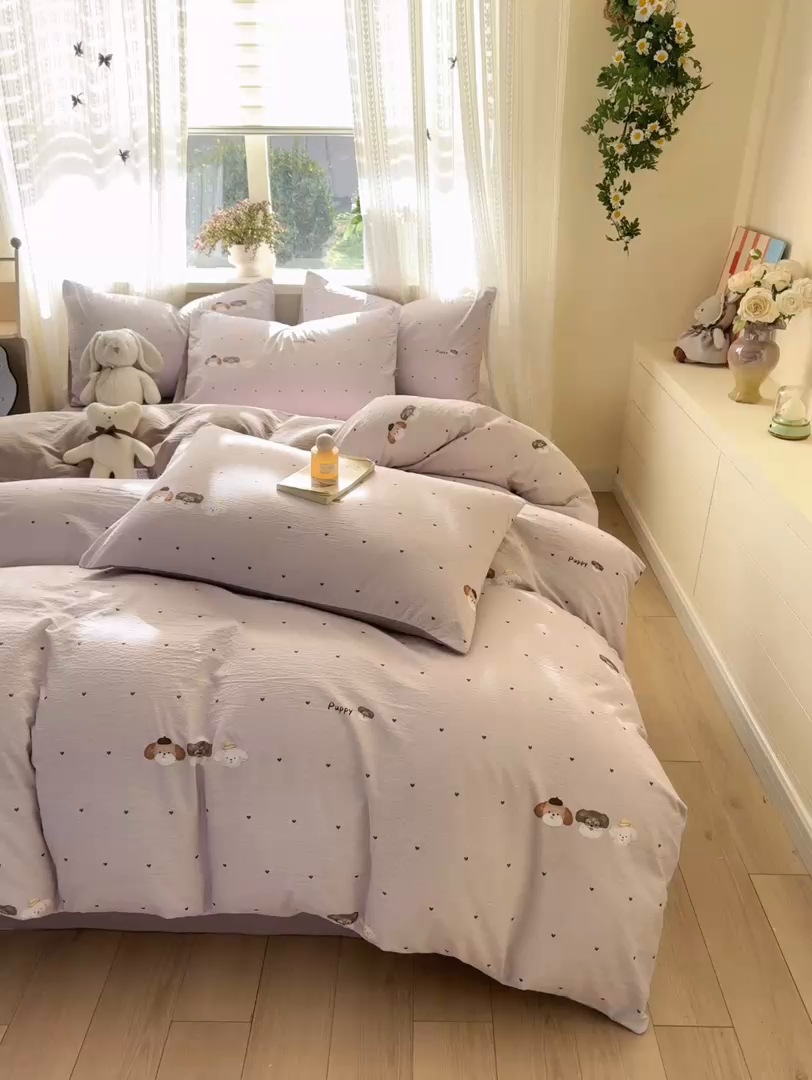 91家纺网 家纺一手货源 找家纺 丽美人家纺 2026新款A类皱皱纱双层印花四件套 爱心小狗