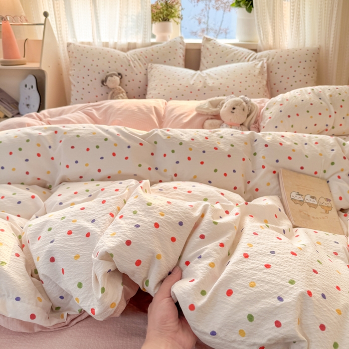 91家纺网 家纺一手货源 找家纺 丽美人家纺 2026新款A类皱皱纱双层印花四件套 彩色波点