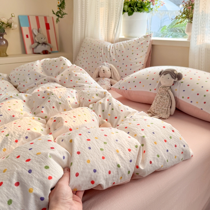 91家纺网 家纺一手货源 找家纺 丽美人家纺 2026新款A类皱皱纱双层印花四件套 彩色波点