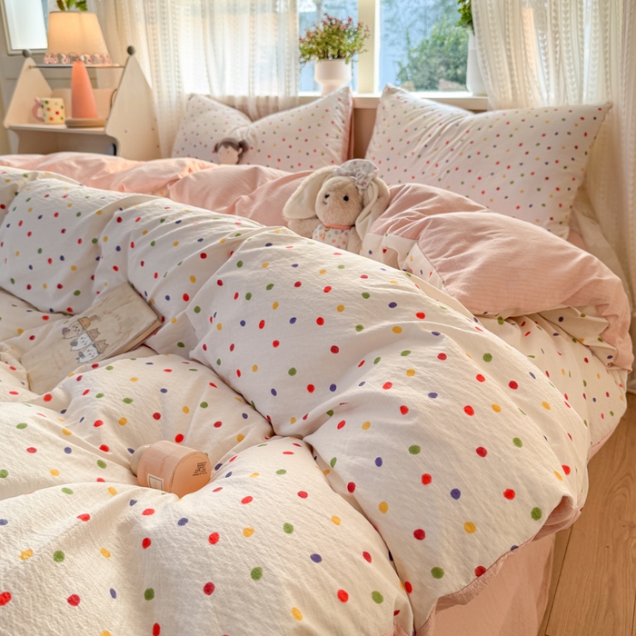 91家纺网 家纺一手货源 找家纺 丽美人家纺 2026新款A类皱皱纱双层印花四件套 彩色波点