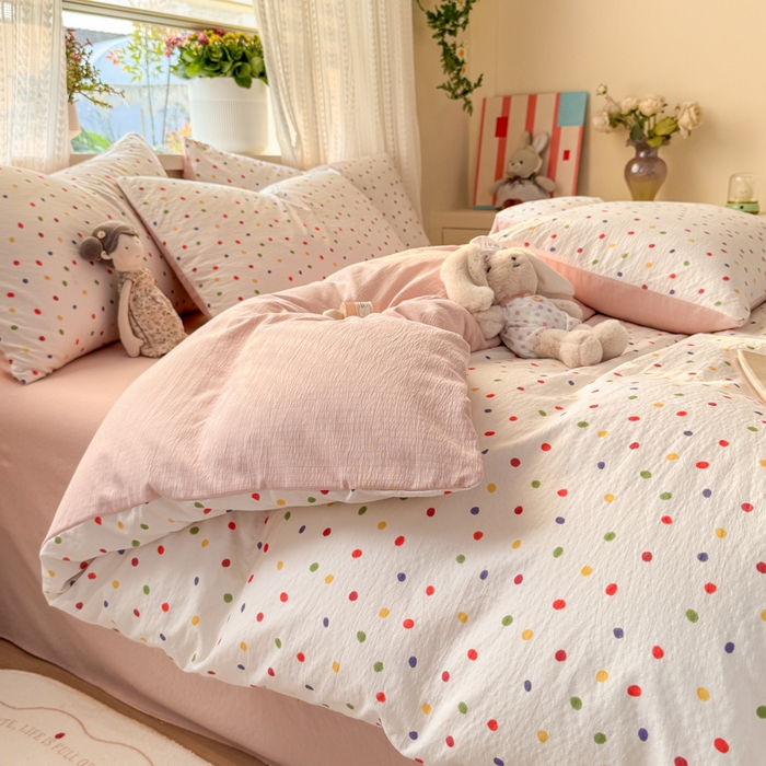 91家纺网 家纺一手货源 找家纺 丽美人家纺 2026新款A类皱皱纱双层印花四件套 彩色波点