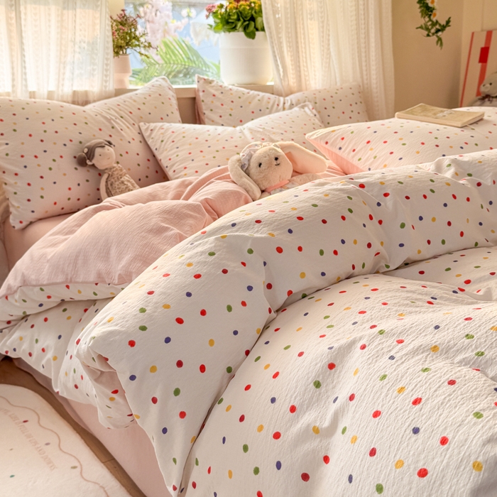 91家纺网 家纺一手货源 找家纺 丽美人家纺 2026新款A类皱皱纱双层印花四件套 彩色波点