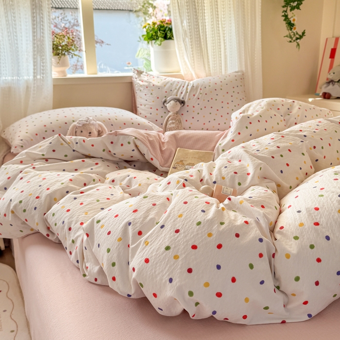 91家纺网 家纺一手货源 找家纺 丽美人家纺 2026新款A类皱皱纱双层印花四件套 彩色波点