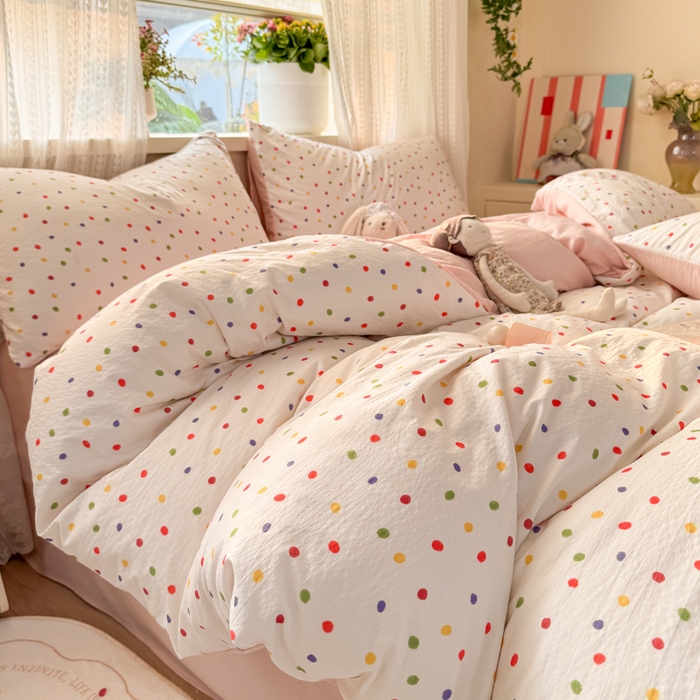 91家纺网 家纺一手货源 找家纺 丽美人家纺 2026新款A类皱皱纱双层印花四件套 彩色波点