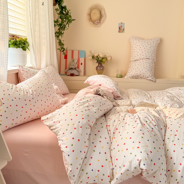 91家纺网 家纺一手货源 找家纺 丽美人家纺 2026新款A类皱皱纱双层印花四件套 彩色波点