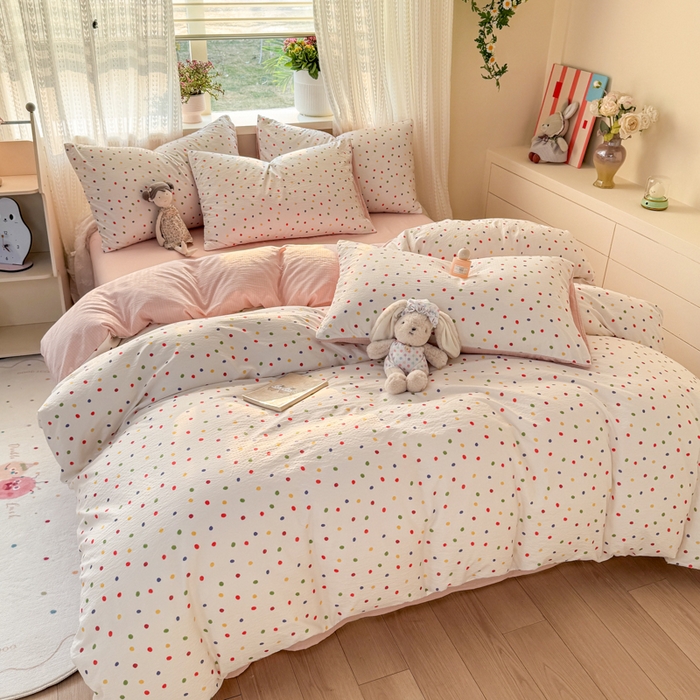 91家纺网 家纺一手货源 找家纺 丽美人家纺 2026新款A类皱皱纱双层印花四件套 彩色波点