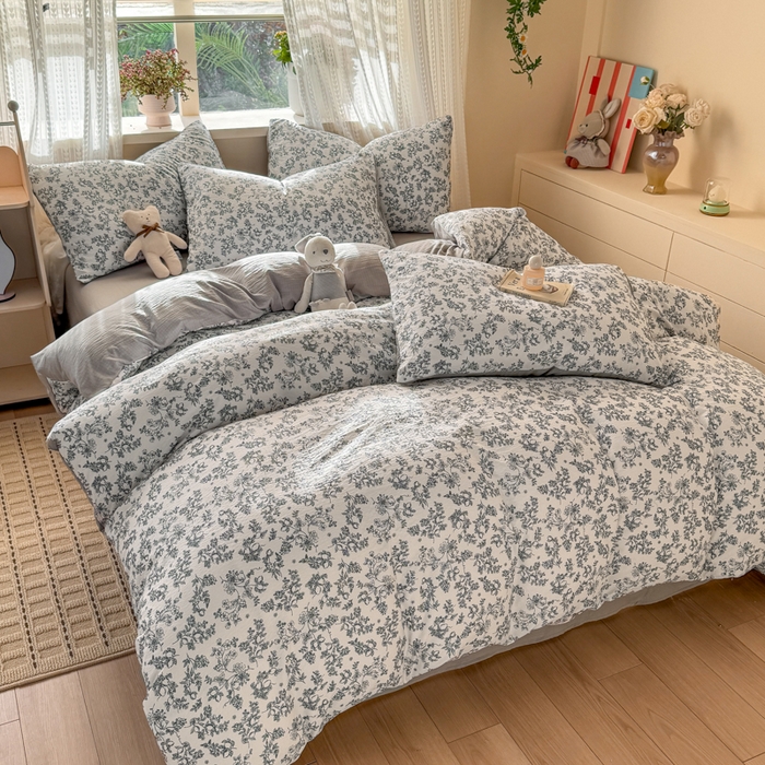 91家纺网 家纺一手货源 找家纺 丽美人家纺 2026新款A类皱皱纱双层印花四件套 花开漫漫