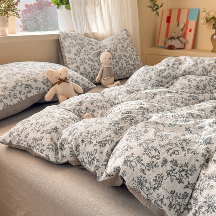 91家纺网 家纺一手货源 找家纺 丽美人家纺 2026新款A类皱皱纱双层印花四件套 花开漫漫