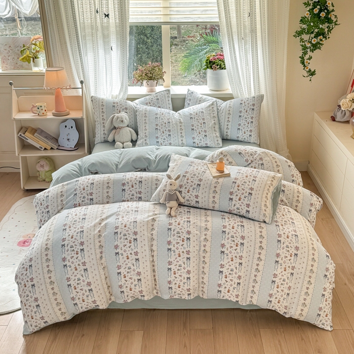 91家纺网 家纺一手货源 找家纺 丽美人家纺 2026新款A类皱皱纱双层印花四件套 花漫蝴蝶