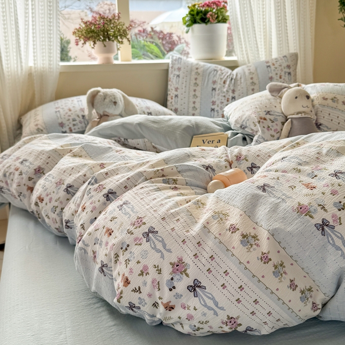 91家纺网 家纺一手货源 找家纺 丽美人家纺 2026新款A类皱皱纱双层印花四件套 花漫蝴蝶