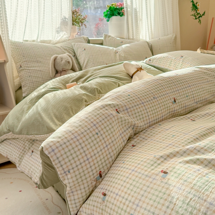 91家纺网 家纺一手货源 找家纺 丽美人家纺 2026新款A类皱皱纱双层印花四件套 腊肠狗