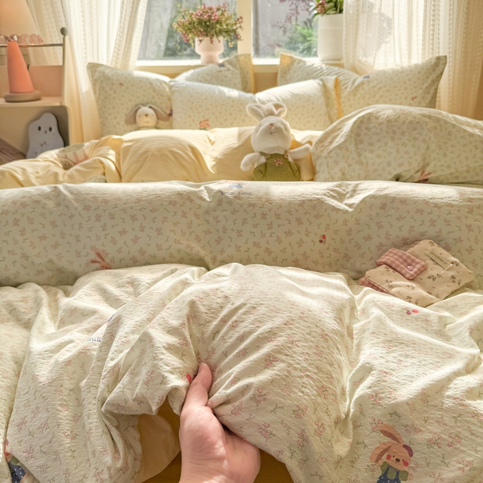 91家纺网 家纺一手货源 找家纺 丽美人家纺 2026新款A类皱皱纱双层印花四件套 乐园