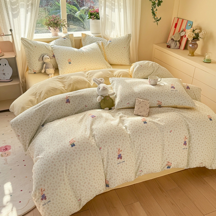 91家纺网 家纺一手货源 找家纺 丽美人家纺 2026新款A类皱皱纱双层印花四件套 乐园