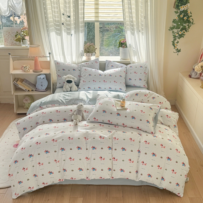 91家纺网 家纺一手货源 找家纺 丽美人家纺 2026新款A类皱皱纱双层印花四件套 洛洛小狗