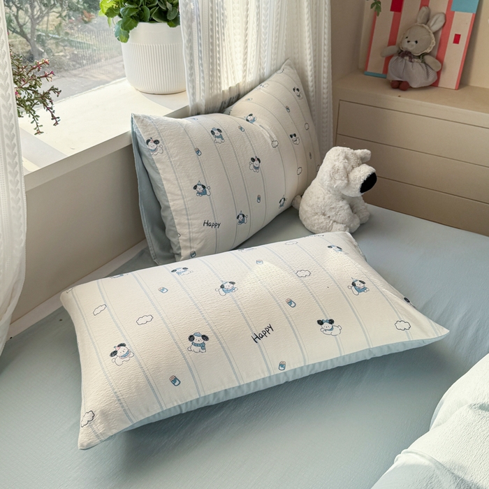 91家纺网 家纺一手货源 找家纺 丽美人家纺 2026新款A类皱皱纱双层印花四件套 萌犬乐园