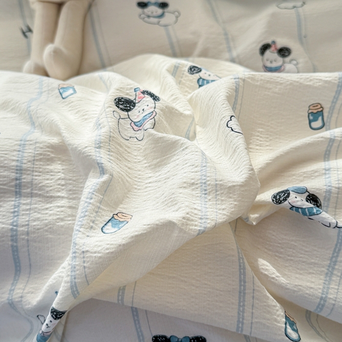 91家纺网 家纺一手货源 找家纺 丽美人家纺 2026新款A类皱皱纱双层印花四件套 萌犬乐园