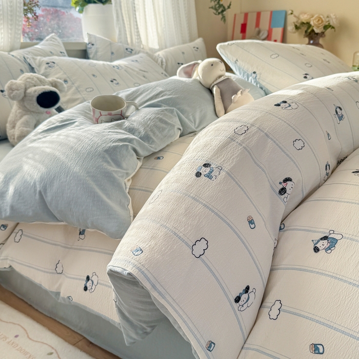 91家纺网 家纺一手货源 找家纺 丽美人家纺 2026新款A类皱皱纱双层印花四件套 萌犬乐园