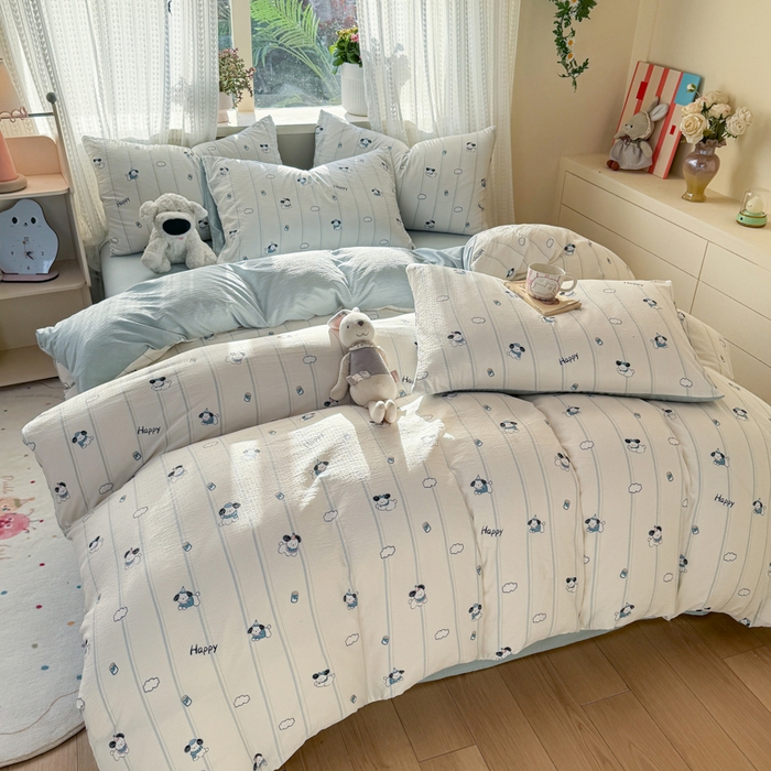 91家纺网 家纺一手货源 找家纺 丽美人家纺 2026新款A类皱皱纱双层印花四件套 萌犬乐园