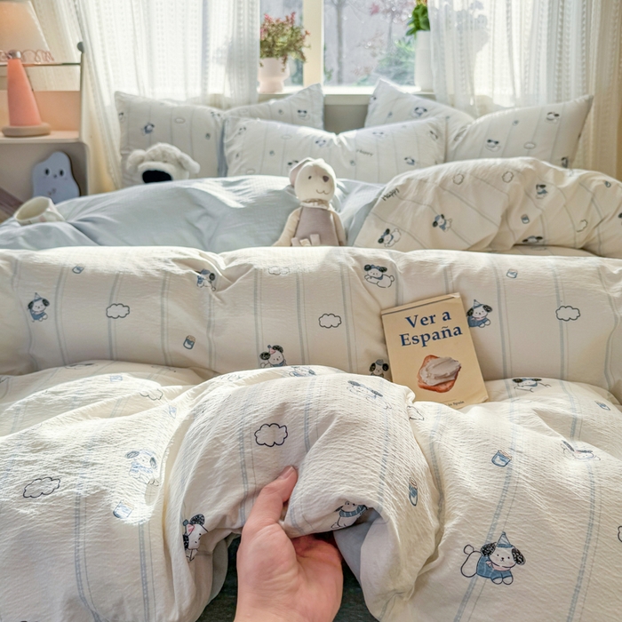 91家纺网 家纺一手货源 找家纺 丽美人家纺 2026新款A类皱皱纱双层印花四件套 萌犬乐园