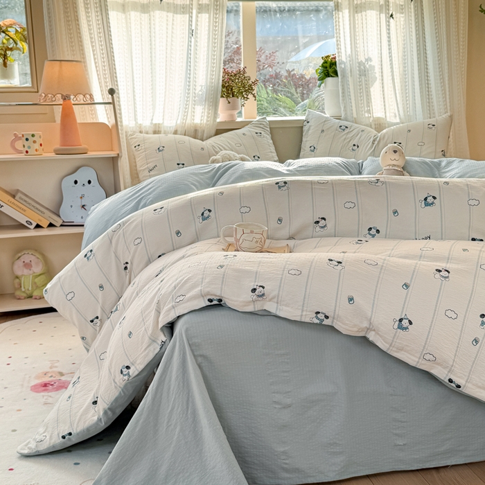 91家纺网 家纺一手货源 找家纺 丽美人家纺 2026新款A类皱皱纱双层印花四件套 萌犬乐园