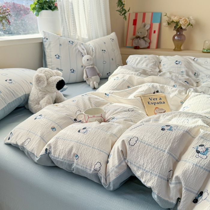 91家纺网 家纺一手货源 找家纺 丽美人家纺 2026新款A类皱皱纱双层印花四件套 萌犬乐园