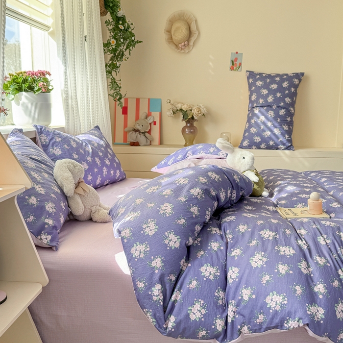 91家纺网 家纺一手货源 找家纺 丽美人家纺 2026新款A类皱皱纱双层印花四件套 浅紫花绒