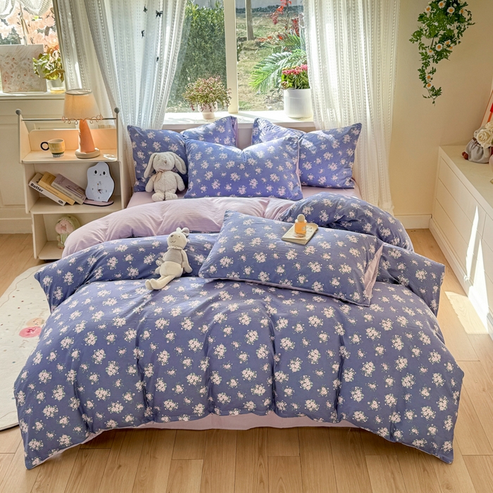 91家纺网 家纺一手货源 找家纺 丽美人家纺 2026新款A类皱皱纱双层印花四件套 浅紫花绒