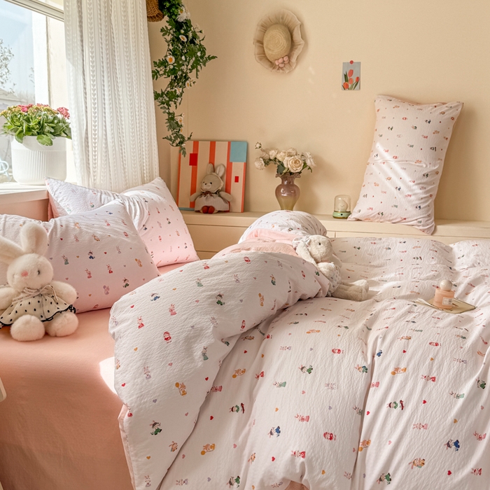 91家纺网 家纺一手货源 找家纺 丽美人家纺 2026新款A类皱皱纱双层印花四件套 桃心萌兔集