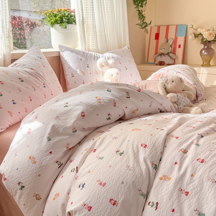 91家纺网 家纺一手货源 找家纺 丽美人家纺 2026新款A类皱皱纱双层印花四件套 桃心萌兔集