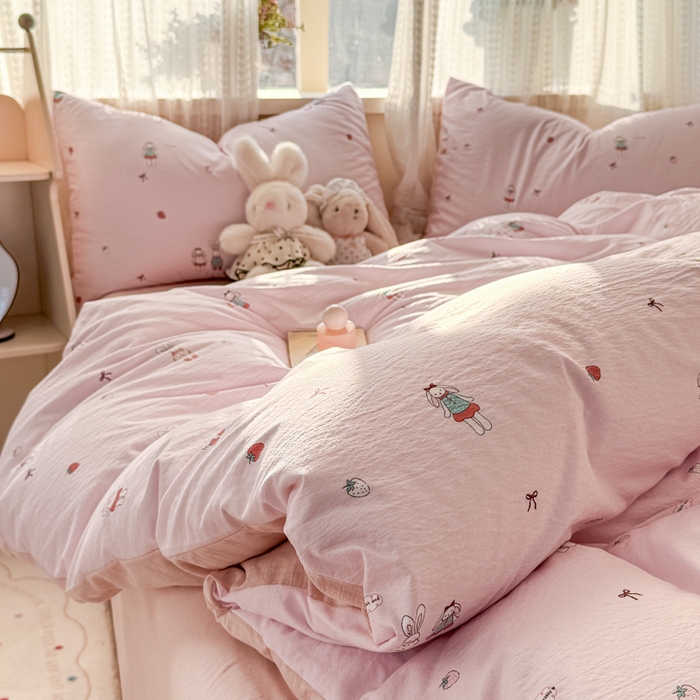 91家纺网 家纺一手货源 找家纺 丽美人家纺 2026新款A类皱皱纱双层印花四件套 兔小姐