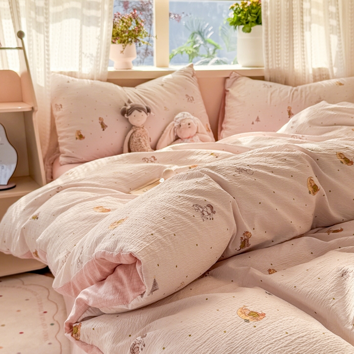 91家纺网 家纺一手货源 找家纺 丽美人家纺 2026新款A类皱皱纱双层印花四件套 月境骑踪