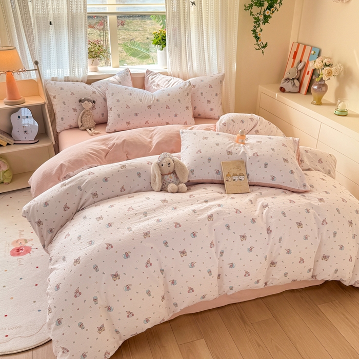 91家纺网 家纺一手货源 找家纺 丽美人家纺 2026新款A类皱皱纱双层印花四件套 云间童梦