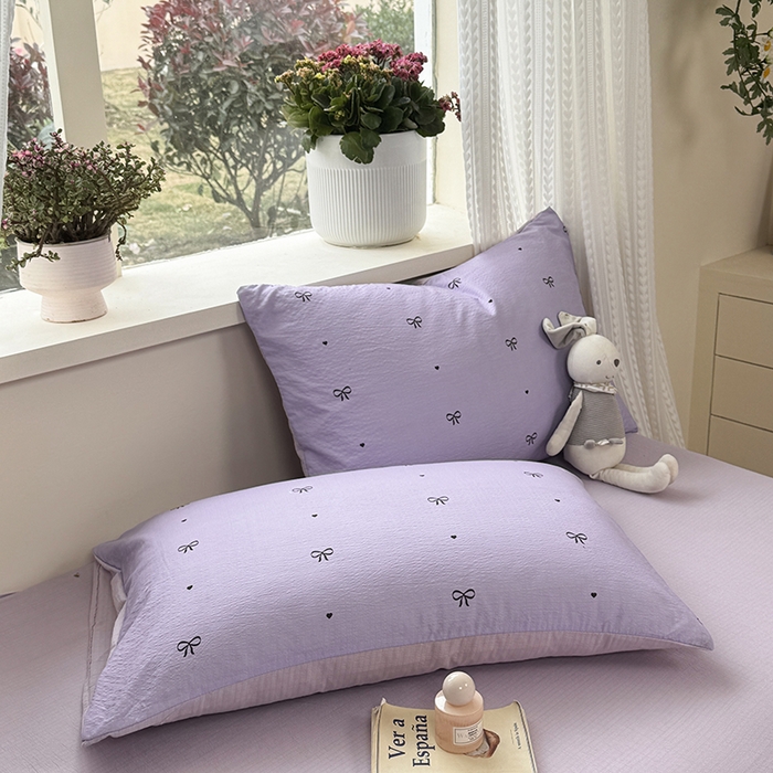 91家纺网 家纺一手货源 找家纺 丽美人家纺 2026新款A类皱皱纱双层印花四件套 紫色蝴蝶结