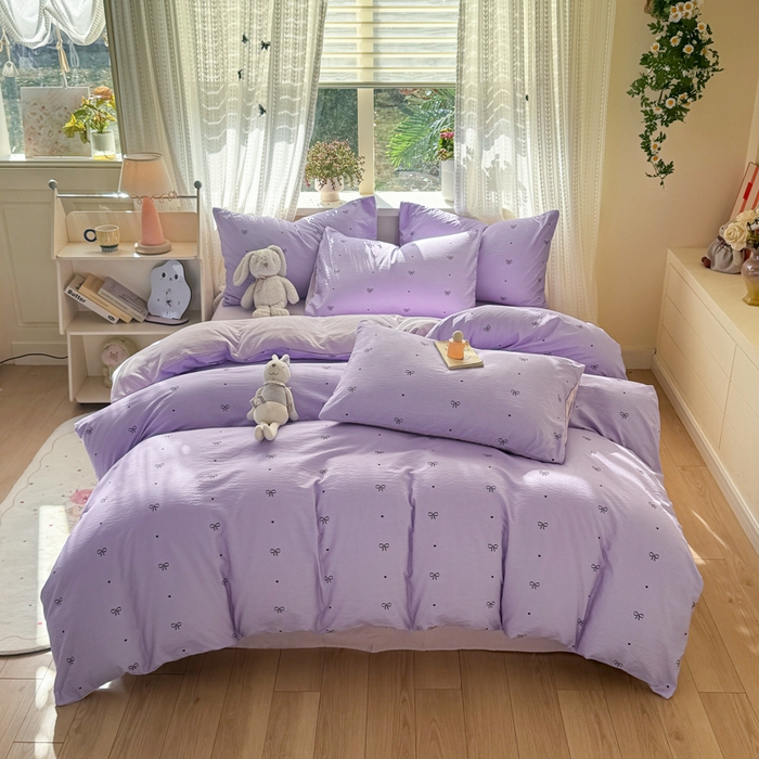 91家纺网 家纺一手货源 找家纺 丽美人家纺 2026新款A类皱皱纱双层印花四件套 紫色蝴蝶结