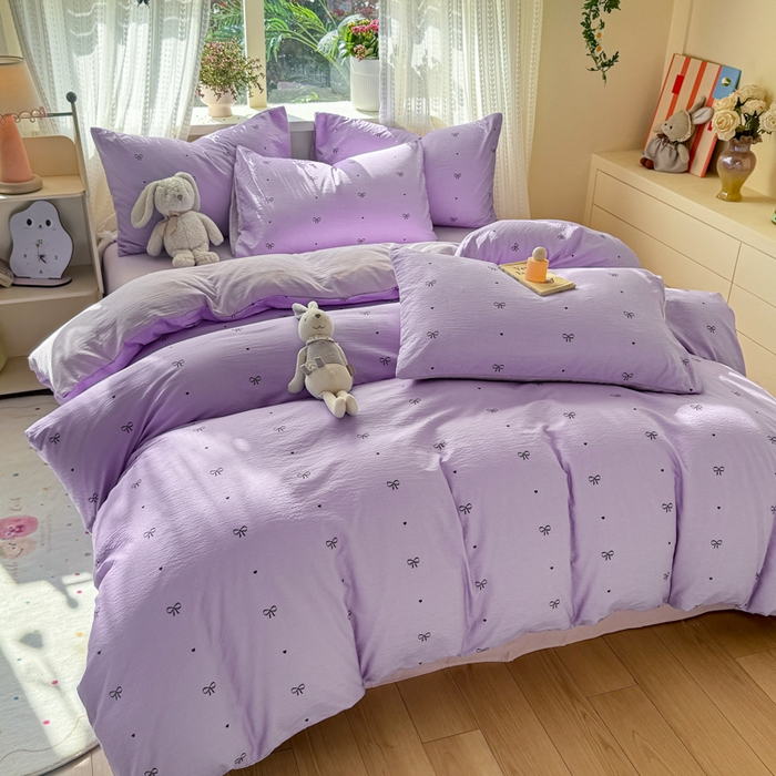 91家纺网 家纺一手货源 找家纺 丽美人家纺 2026新款A类皱皱纱双层印花四件套 紫色蝴蝶结