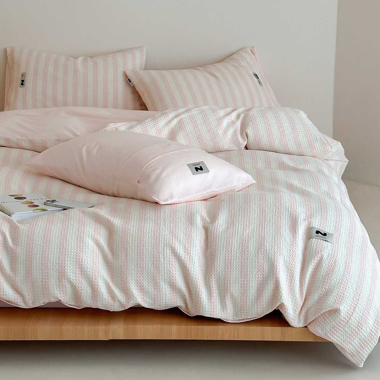 静家居-简约原创家纺 2026新款ins小清晰简约全棉纯棉华夫格提花四件套-芝士系列 芝士-樱桃粉