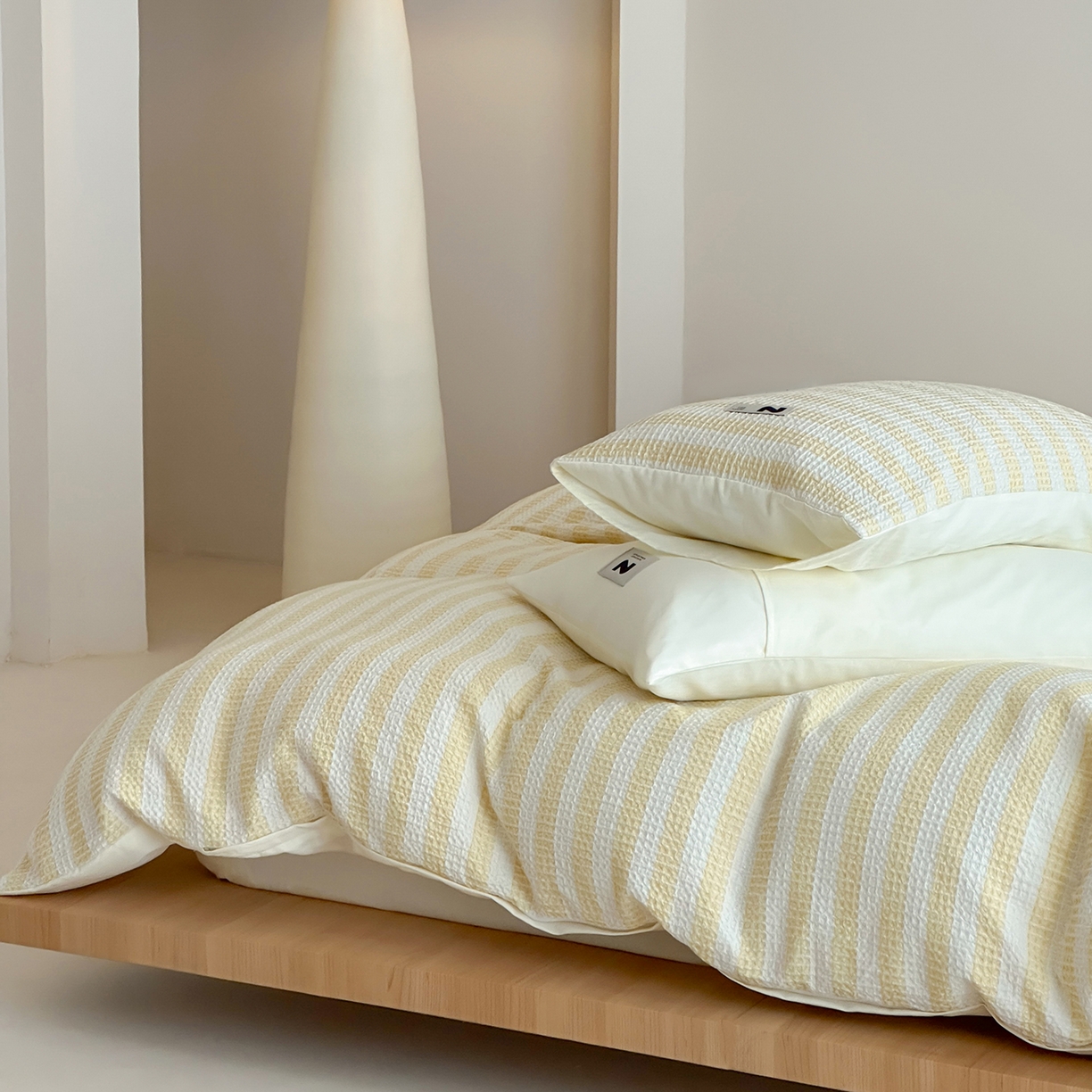 91家纺网 家纺一手货源 找家纺 静家居-简约原创家纺 2026新款ins小清晰简约全棉纯棉华夫格提花四件套-芝士系列 芝士-柠檬黄