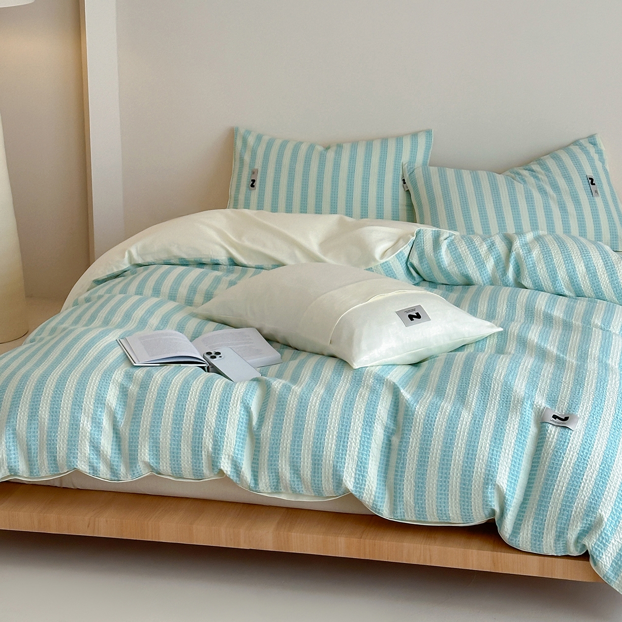 91家纺网 家纺一手货源 找家纺 静家居-简约原创家纺 2026新款ins小清晰简约全棉纯棉华夫格提花四件套-芝士系列 芝士-海盐蓝